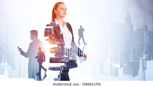Boss woman with diverse partners with mobile devices, blurred background of skyscrapers in New York. Concept of international communication and technology