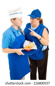 Boss Yells At Teenage Fast Food Worker.  Isolated On White Background.