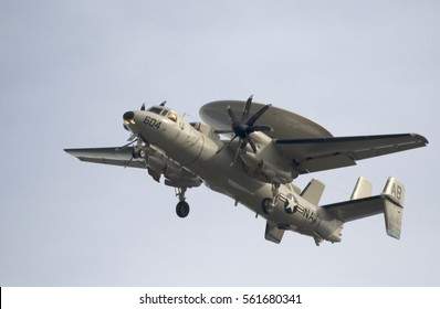 BOSSIER CITY, LA., U.S.A. JAN. 22, 2017: A U.S. Navy E2C Hawkeye Airborne Early Warning And Command And Control Aircraft Approaches Barksdale Air Force Base.