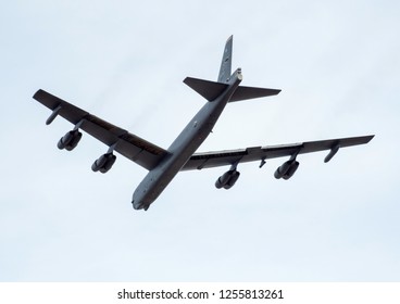 BOSSIER CITY, LOUISIANA, U.S.A.- Dec. 3, 2018: A U.S. Air Force B-52 Bomber Prepares To Land At Barksdale Air Force Base.
