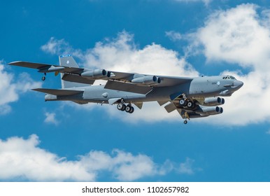 BOSSIER CITY, LOUISIANA, U.S.A.- May 30, 2018: A U.S. Air Force B-52 Bomber Prepares To Land At Barksdale Air Force Base.
