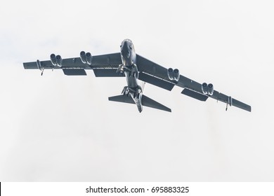 BOSSIER CITY, LOUISIANA, U.S.A.-AUG. 2, 2017: A U.S. Air Force B 52 Bomber Prepares To Land At Barksdale Air Force Base.
