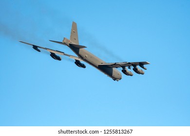 BOSSIER CITY, LOUISIANA, U.S.A.-Dec. 4, 2018: A U.S. Air Force B-52 Bomber Prepares To Land At Barksdale Air Force Base.
