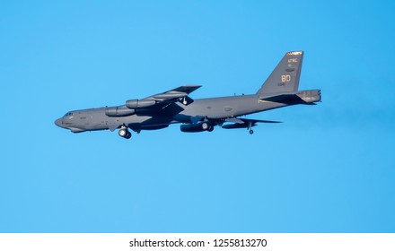 BOSSIER CITY, LOUISIANA, U.S.A.-Nov. 27, 2018: A U.S. Air Force B-52 Bomber Prepares To Land At Barksdale Air Force Base.
