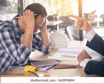 Boss/manager/businessman Complaining To Engineer/architect/employee By Pointing To Him For Mistake Work, Stressed Feeling