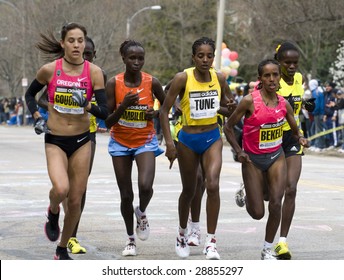 BOSTON- APRIL 20: Women runners races up the Heartbreak Hill during the Boston Marathon April 20, 2009 in Boston. Salina Kosgei (Kenya) won the women’s category with 2:32:16.