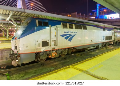 BOSTON - AUG. 5, 2018: Amtrak General Electric GE P42DC Genesis Locomotive At Night In North Station, Boston, Massachusetts, USA.