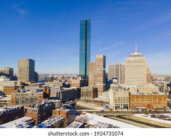 Boston Back Bay modern city skyline including John Hancock Tower in winter in Boston, Massachusetts MA, USA.  