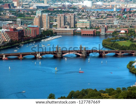 Boston Charles River aerial view with buildings and bridge on a beautiful sunny day