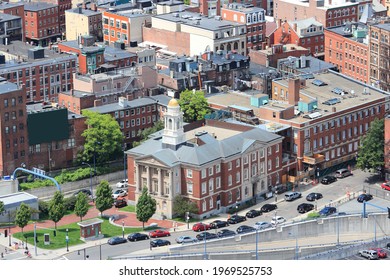 Boston City Aerial View With North End. Urban Cityscape Of Boston.