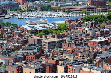 Boston City Aerial View With North End And Constitution Wharf. Urban Cityscape Of Boston.