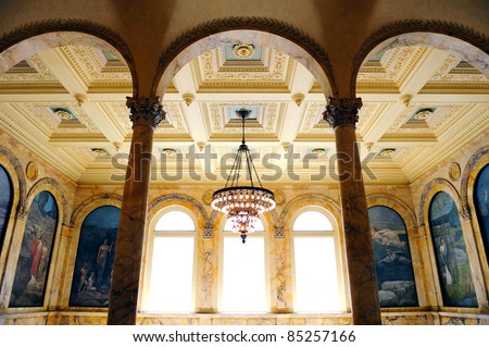 Boston city public library interior with beautiful decoration and ceiling lamp in old fashion style.