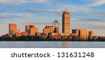 Boston city skyline panorama with Prudential Tower and urban skyscrapers over Charles River.