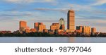 Boston city skyline panorama with Prudential Tower and urban skyscrapers over Charles River.