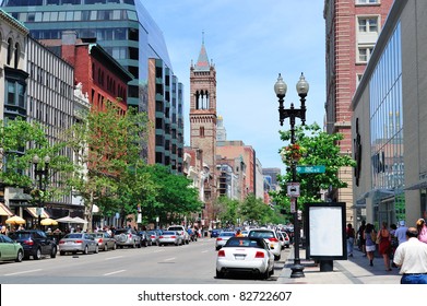 Boston City Street View With Traffic And Historical Architecture.