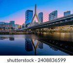 Boston City Sunset Skyline over Zakim Bridge and the Charles River in Boston, Massachusetts, USA