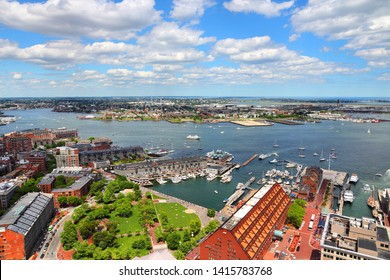 Boston city. Urban aerial view with wharf and East Boston.