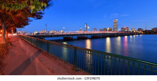 Boston Cityscape And Harvard Bridge At Night