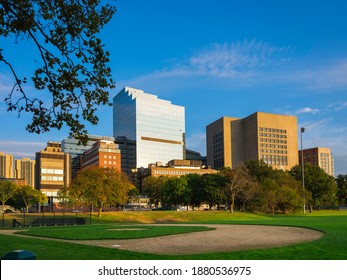 Boston Cityscape With Youth Baseball Field On Blue Autumn Sky Background