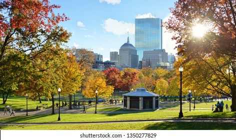 Boston Common in the fall with sun shining through trees. Panoramic view of park with city skyline in the background. 