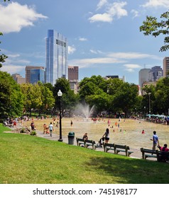 Boston Common Frog Pond And City Skyline In Summer