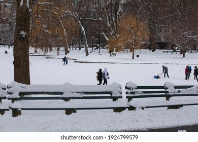 Boston Common Park After A Snowstorm.