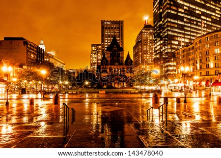 Boston Copley Square on a stormy night, view facing the historic Trinity Church