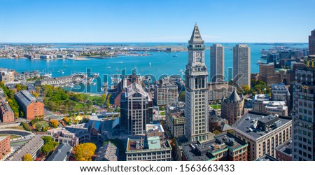 Boston Custom House and harbor waterfront aerial view panorama, Boston, Massachusetts, MA, USA.