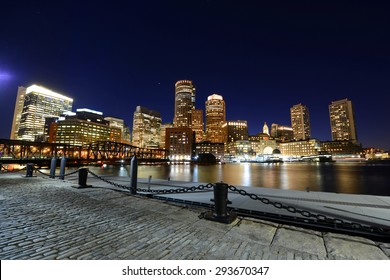 Boston Custom House, Rowes Wharf and Financial District skyline at night, Boston, Massachusetts, USA