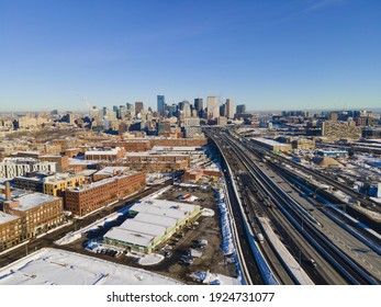 Boston downtown modern city skyline and Interstate Highway 93 in winter aerial view, Boston, Massachusetts MA, USA. 