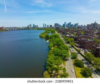 Boston financial district modern city skyline aerial view with Charles River, Beacon Hill historic district and Charles River Esplanade in Boston, Massachusetts MA, USA. 