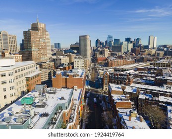 Boston financial district modern skyline on Columbus Avenue in winter at downtown Boston, Massachusetts MA, USA. 
