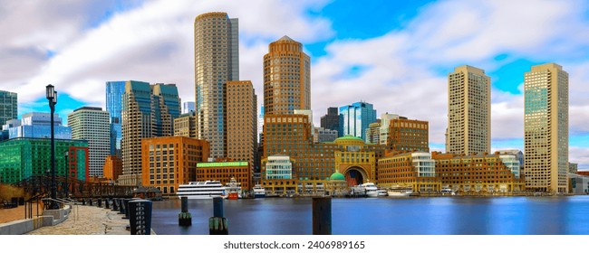 Boston Harbor and Financial District Skyline Panorama in Massachusetts, USA - Powered by Shutterstock