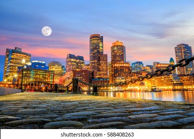 Boston Harbor and Financial District at twilight, Massachusetts.