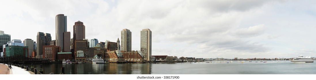 Boston harbor skyline in winter
