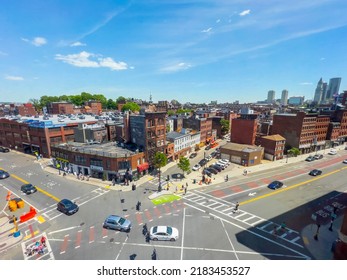 BOSTON - JUN. 5, 2022: North End historic district aerial view at Causeway, Endicott and Washington Street with Old North Church and Custom House at the background, Boston, Massachusetts MA, USA. 