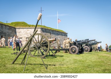 BOSTON, MA - 11 SEPTEMBER 2021: Cannons Line The Grounds Of Fort Independence, Awaiting A 21 Gun Salute From The USS Constitution