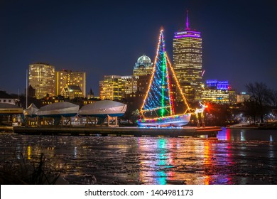 Boston, MA - 12/21/17: Christmas Lights Are Reflected On The Ice Of The Charles River, Right Before Christmas