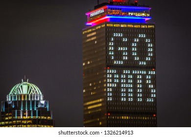 Boston, MA - 2/2/19: The city's skyline offers a message of encouragement to the Patriots before their Super Bowl appearance
