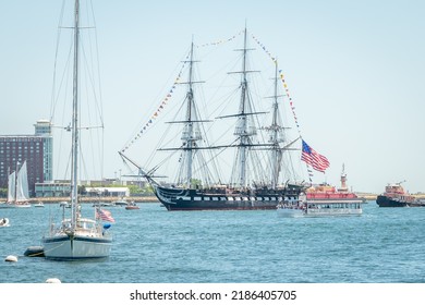 BOSTON, MA - 4 JULY 2022: The USS Constitution Transits The Harbor On Its Independence Day Turnaround Cruise