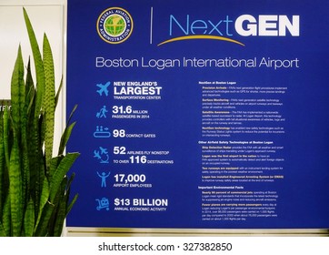 BOSTON, MA -4 OCTOBER 2015- Sign Explaining To Passengers That Boston Logan International Airport (BOS) Is Implementing The Next Generation Air Transport System (NextGEN) For Air Traffic Control.