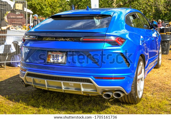 Boston, MA - 9/29/19: The back end of the
newly released Lamborghini SUV at a car
show.