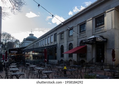 Boston, MA - April 8 2021: An Empty Outdoor Restaurant During Covid Outbreak. Restaurants Started Serving Meals Outdoors Due To Pandemic Dining Rules.