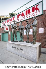 BOSTON, MA - AUGUST 5: Statues Of Ted Williams, Bobby Doerr, Johnny Pesky, And Dom Dimaggio Attract Hundreds Of Baseball Fans To The Fenway Park In Boston, MA For Souvenir Photos On August 5, 2016.