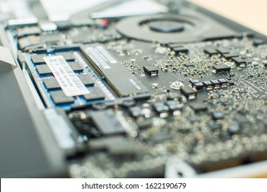 Boston, MA - January 21, 2020: Close-up View Of Internal Components Of A Mid-2012 MacBook Pro With Back Cover Removed. 