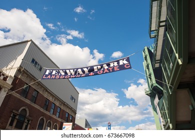 BOSTON, MA, July 4, 2017: Banner At Fenway Park, Home Of The Boston Red Sox Baseball Team, Showing The Entry Gate On Lansdowne Street.