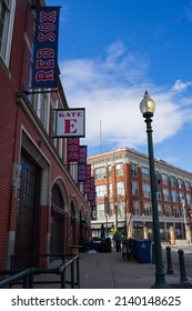 Boston, MA - March 26, 2022: The Outside Of Fenway Park At Gate E Showing Banners For The Boston Red Sox.