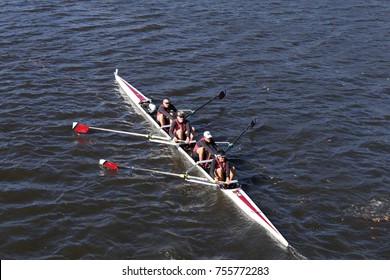 BOSTON, MA - OCTOBER 23, 2016: Bates College  Races In The Head Of Charles Regatta Men's Collegiate Fours [PUBLIC RACE]