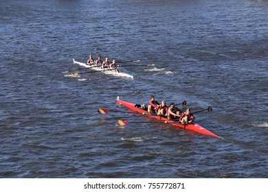  BOSTON, MA - OCTOBER 23, 2016: Illinois(left) And St. John Fisher College Rowing (right) Races In The Head Of Charles Regatta Men's Collegiate Fours [PUBLIC RACE]