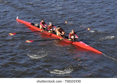 BOSTON, MA - OCTOBER 23, 2016: St. John Fisher College Rowing Races In The Head Of Charles Regatta Men's Collegiate Fours [PUBLIC RACE]